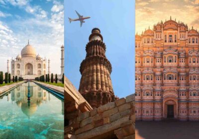 Delhi Agra Jaipur Golden Triangle travel landmarks including Taj Mahal, Qutub Minar and Hawa Mahal