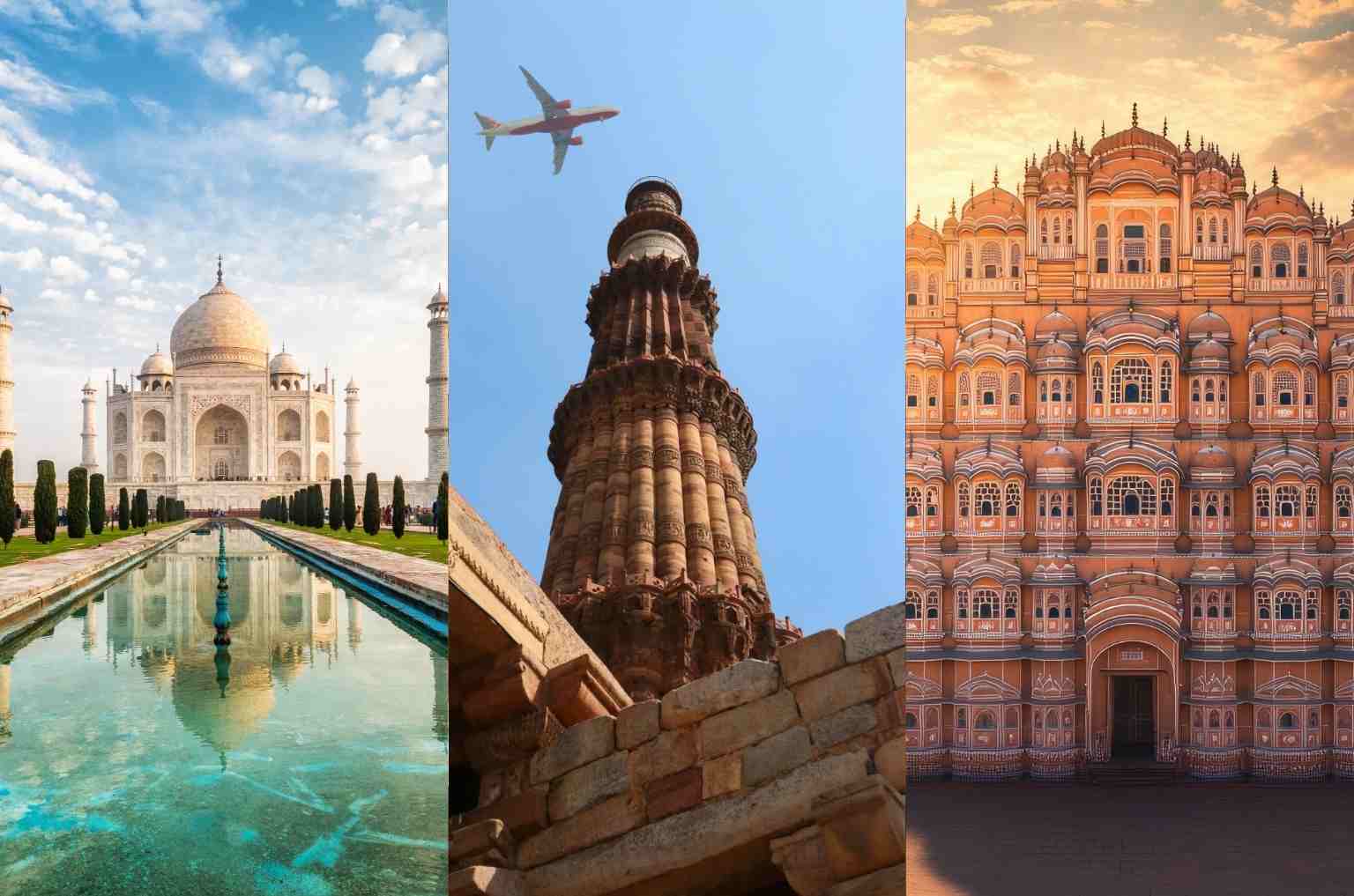 Delhi Agra Jaipur Golden Triangle travel landmarks including Taj Mahal, Qutub Minar and Hawa Mahal