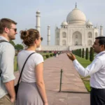 Tourists exploring Taj Mahal India with guide