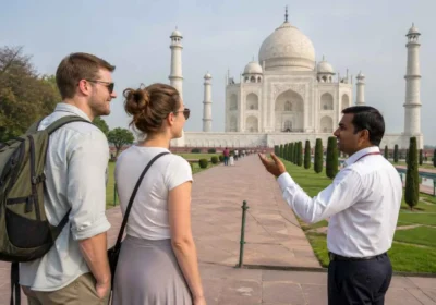 Tourists exploring Taj Mahal India with guide